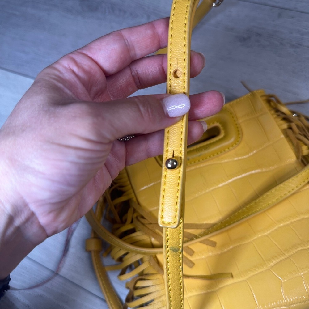 Maje mini embossed leather M bag cross body shoulder handbag yellow purse fringe - Picture 5 of 15